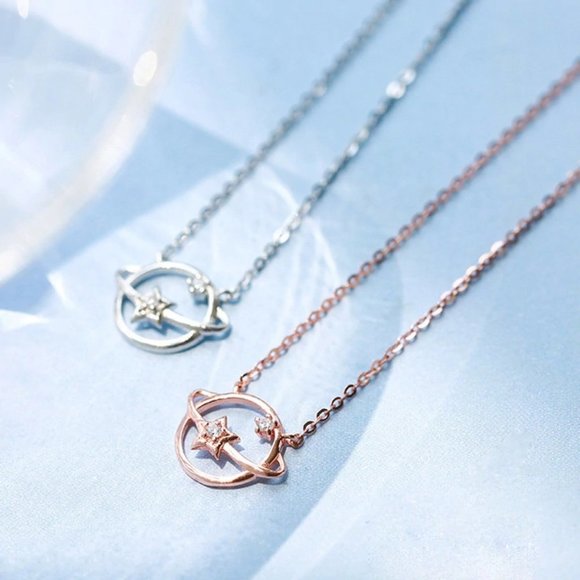 Rose Gold/Sterling Silver Diamond Planet Necklace - Picture 5 of 7